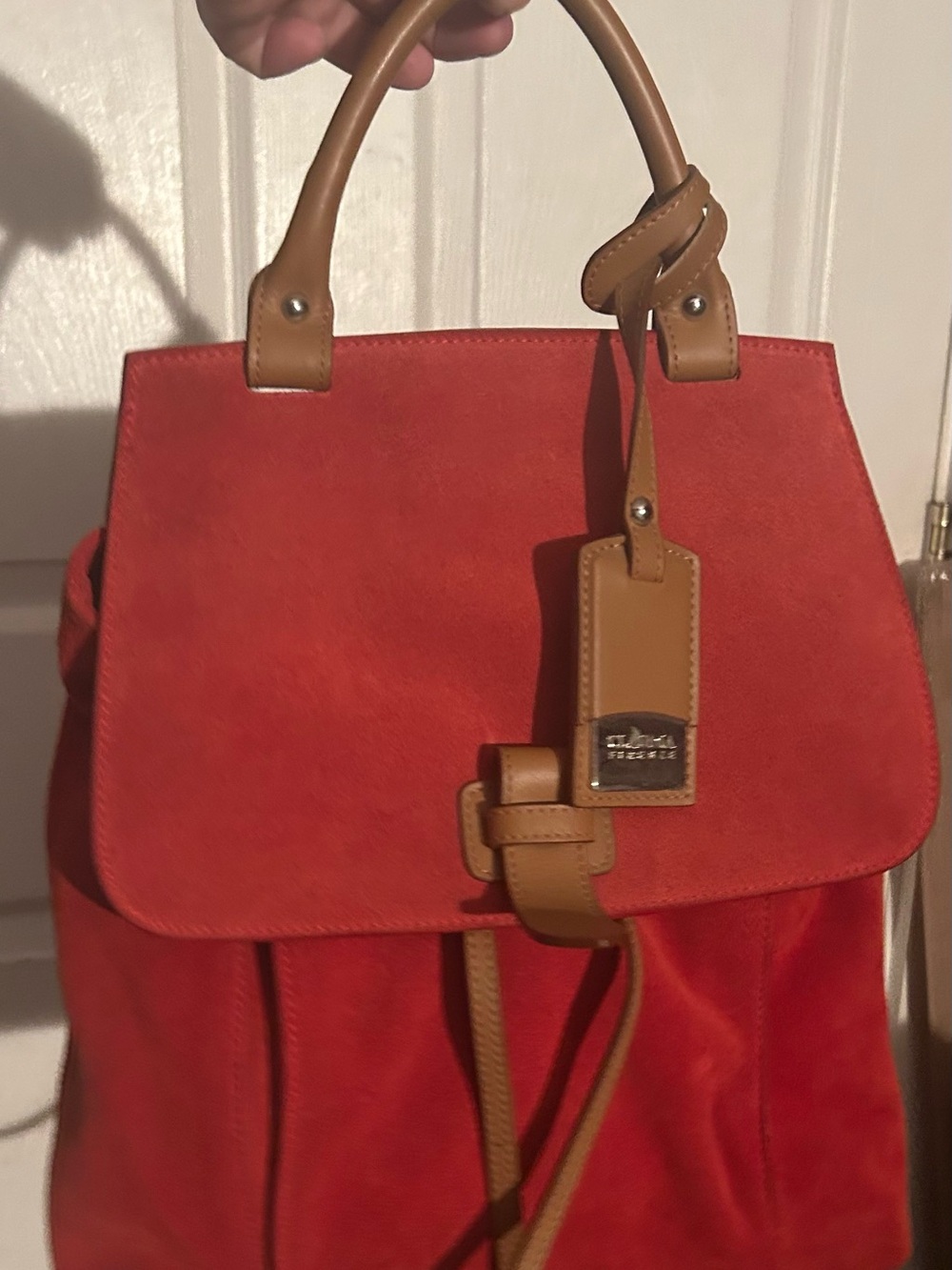I Peterman Red Suede Top-Handle Backpack with Tan Trim